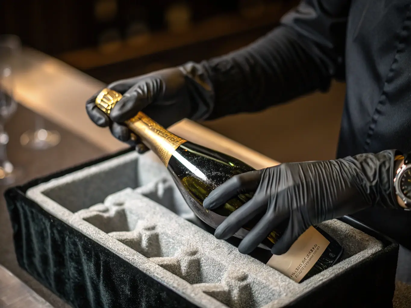 A close-up shot of gloved hands carefully placing a champagne bottle into a custom-fitted protective case, highlighting the meticulous care taken in handling each bottle.