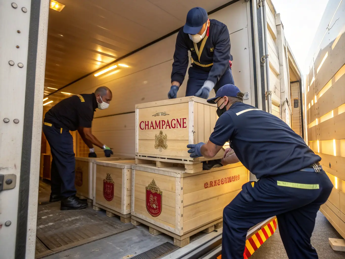 A professional team carefully loading champagne cases into a temperature-controlled truck, showcasing LQV Partners' commitment to quality and care in handling delicate products.