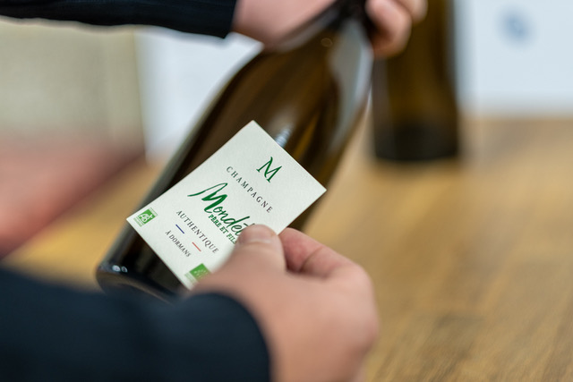 mano de hombre colocando la etiqueta de la champagne en una botella